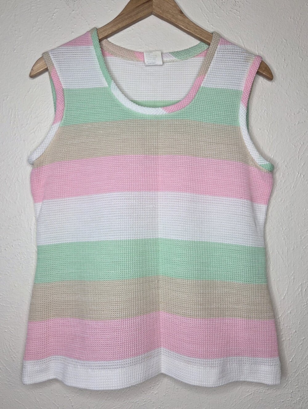 Vintage Early 80s Pastel Waffle Knit Tank Top Pink Mint Beige Striped Medium